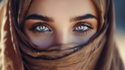 Naklejka premium Beautiful Muslim Woman face portrait. Hijab. Close up of beauty arabian woman with perfect makeup