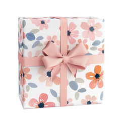 A pink box with a bow on top and a floral design on the side