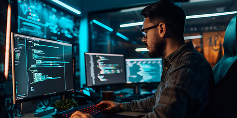  Programmer Working in Dark Room | Software Developer Coding at Night