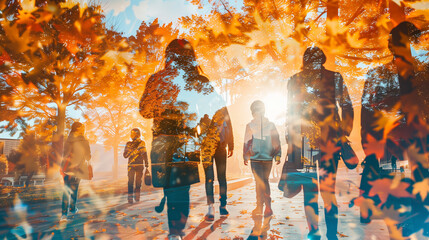 Students going to school. Autumn. Kids.