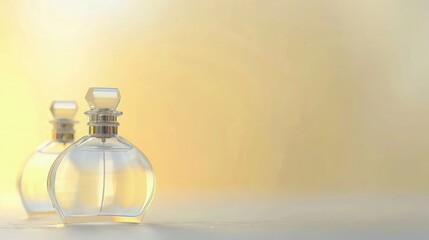 Simple yet elegant perfume bottles with a minimalist design, presented against a pale yellow blurred background for a subtle and soft visual effect.