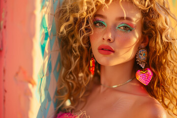 Naklejka premium Tropical Bright Colors Fashion Make Up and Hair Style. Woman Portrait