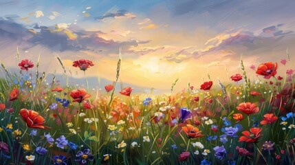 Obraz premium Beautiful wild flowers against the background of sunrise. flowering field painted with oil paints