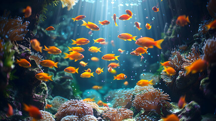 A vibrant nature underwater cave landscape with colorful fish and corals, the scene