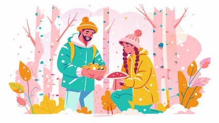 Fototapeta premium Joyful Couple Enjoying Autumn Harvest in Colorful Forest