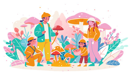 Family Enjoying Mushroom Picking in a Colorful Autumn Forest