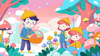 Enchanted Forest Adventure: Children Picking Mushrooms Illustration