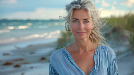 Woman with beaty blond hair in her 50 years old on the beach