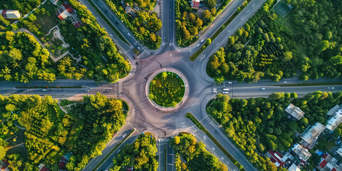 Aerial top view of multilevel empty junction ring road in sunny summer day