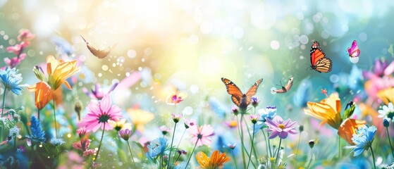 Vibrant Blooming Wildflower Meadow Underneath a Clear Blue Sky on a Bright Sunny Day in Spring Time Beautiful Nature