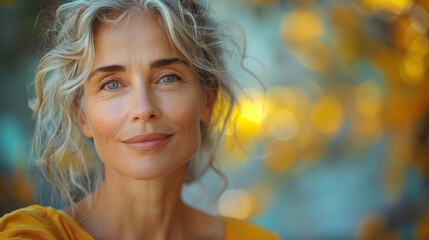 Fototapeta premium Portrait of Beautiful 50 years old Woman Outdoor. Blur Nature / Green / Park Background. Autumn, Close-up