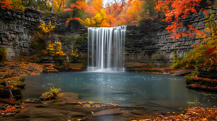 Fototapeta premium A vibrant nature waterfall landscape with colorful autumn leaves surrounding the waterfall