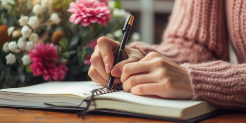 Closeup female hand writing on a notebook on desk