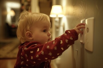 A small child reaches for an electrical outlet. The concept of a potential security threat