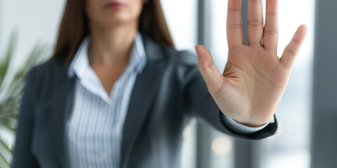 Stop, hand sign and woman in business suit with no gesture for sexual harassment and violence in office workplace