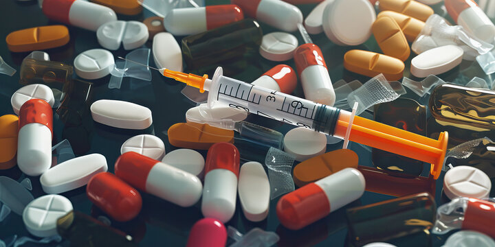 The hash reality of a drug addicts daily struggle pills and syringe laying on ground.