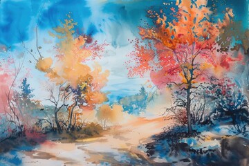 Naklejka premium Autumn Forest Path Painted in Watercolors with Vibrant Fall Foliage and Trees
