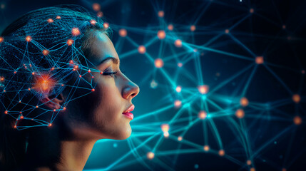 A woman's face is shown on a blue background with lots of lines and dots. Concept of brain mind interconnection using AI.5