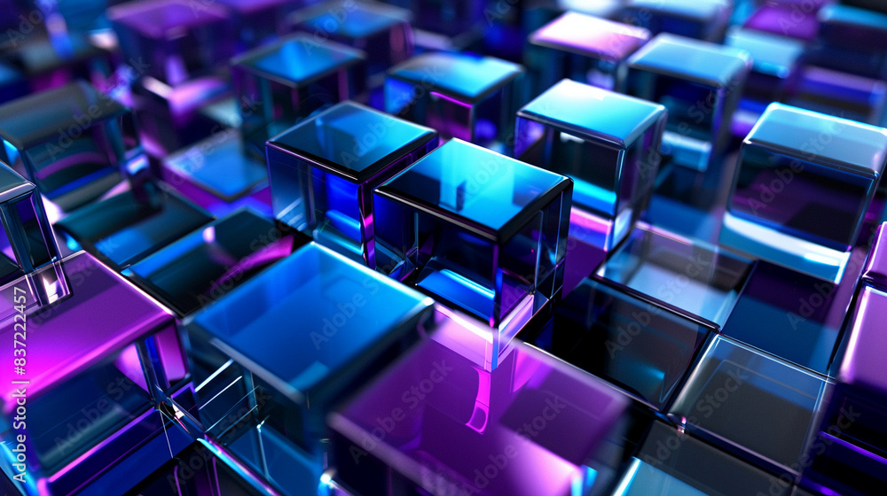 Fototapete 3d rendering of blue and purple glass squares on black background. abstract futuristic geometric pat