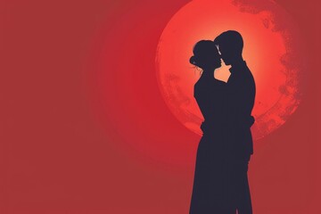 Black woman and Asian man. Interracial couple concept. Valentines day. Couple in love. Silhouette of a loving couple embracing