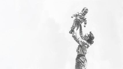 Pencil sketch of A mother playing lift with new born baby kid