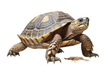 Obraz premium A brown tortoise with yellow markings on its shell, walking forward on a white background.