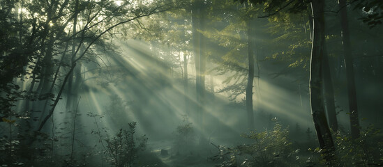 A dreamy forest scene with sunlight filtering through the mist and trees in soft focus