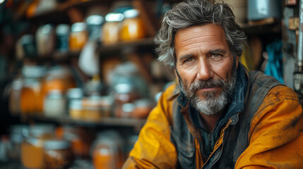 Fototapeta premium Man living and work at nature (Alaska) in workwear