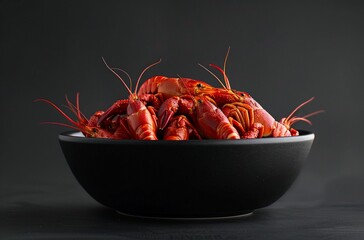 Bowl of Cooked Lobsters on Black Background. Generative ai