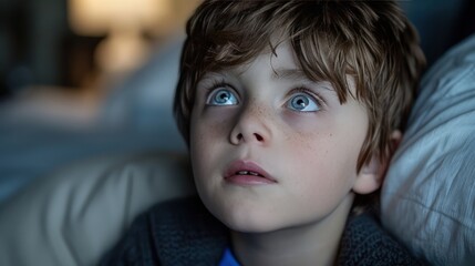 Young Boy Lying in Bed with Blue Shirt and Striking Eyes