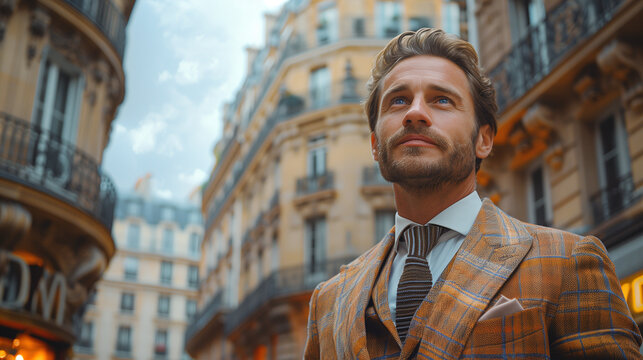 Handsome businessman in suite smiling and standing on the street in Europe