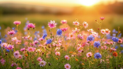 Obraz premium Vibrant Wildflower Field with Sunset Backdrop