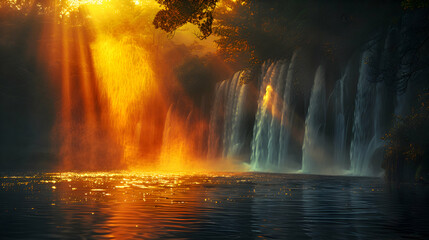 An ultra HD view of a nature waterfall at sunrise, the golden light illuminating the water and creating rainbows in the mist