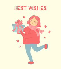 Best wishes. Cute girl with a gift box. Greeting card. Vector illustration