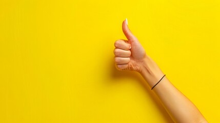 Hand showing thumbs up gesture on bright yellow background	