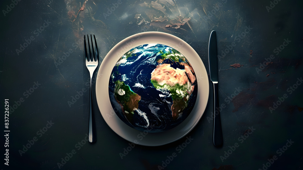 Poster created with generative ai technology. the planet earth plate with a fork and knife. world hunger co