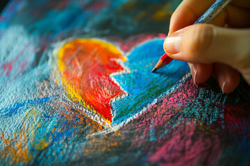 Obraz premium A drawing of a heart split in two by a child's hand