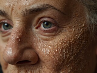 Elderly Woman's Damaged Face Skin Close-Up View Emphasizing Exfoliation and Dry Skin Issues in Skincare