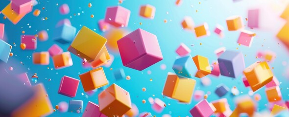 Obraz premium Colorful cubes flying on a blue background, abstract geometric shapes.