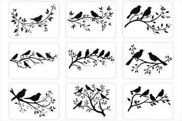 Birds on Branches Silhouette Bundle, Flock of Birds, 