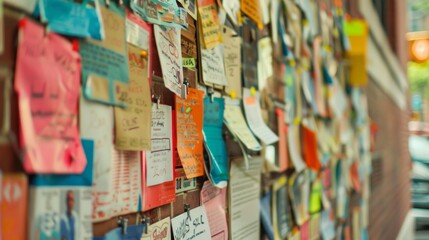 A vibrant notice board filled with numerous colorful posters and flyers in an outdoor urban setting.
