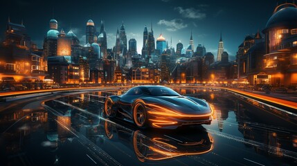 A futuristic cityscape at night, with glowing skyscrapers and interconnected digital pathways representing smart technology and innovation in urban environments. Minimal and Simple,