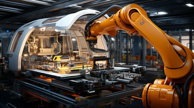 A futuristic representation of a smart factory with robotic arms, automated assembly lines, and digital controls, showcasing the innovation and efficiency brought by advanced technology. Minimal and