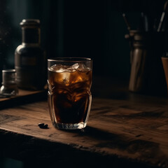  Refreshing cold coffee on rustic wooden table under cinematic lighting.