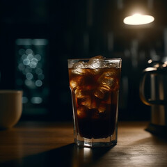  Refreshing cold coffee on rustic wooden table under cinematic lighting.