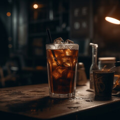  Refreshing cold coffee on rustic wooden table under cinematic lighting.