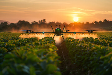 Evening haze hangs as a drone hovers over verdant crops, misting life beneath the setting sun.