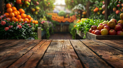 Rustic wooden table set against a vibrant backdrop of lush fruit orchards.
