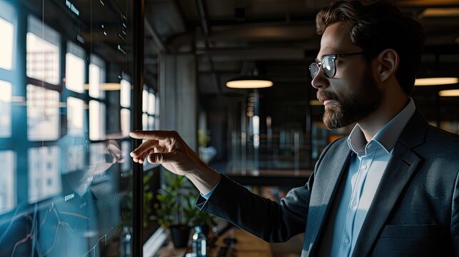 Confident thoughtful businessman touching imaginary blank hologram screen in wide modern office.