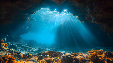 Obraz premium An ultra HD view of a nature underwater cave at sunrise, the light filtering through the water creating a magical effect